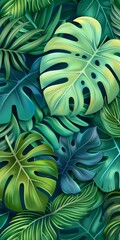 A vibrant of tropical monstera and palm leaves, perfect for nature-themed backgrounds and designs.