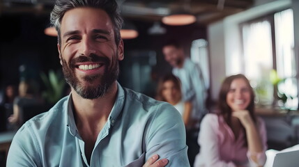 Fototapeta premium Confident Businessman Smiling Office Colleagues Background