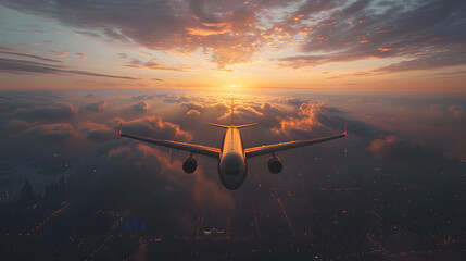 airplane in the sky at sunset