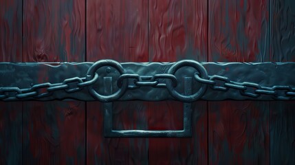 Close-up of a rustic wooden door with a large metal chain and latch. Perfect for themes of security, history, and traditional architecture.