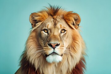 Fototapeta premium Majestic Portrait of Lion Against Turquoise Background - Close-Up Shot of Majestic Male Lion