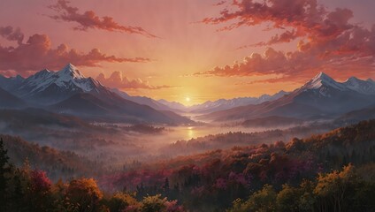 Fototapeta premium A serene sunrise over a mountain range, painting the sky in hues of pink and gold ai_generated