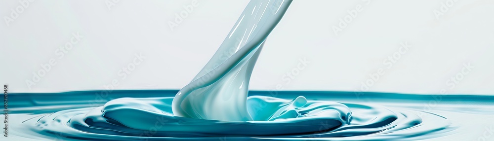 Aufkleber close-up shot of teal liquid pouring and creating ripples in water against a light background, captu