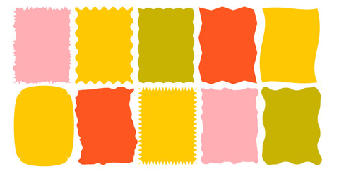 Squiggle  colored frames set. Jaggered edges, retro scallop yellow, pink, green, red frames, psychedelic rectangles, groovy shapes set 