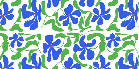 Seamless pattern with blue flowers, groovy, modern flat fabric.