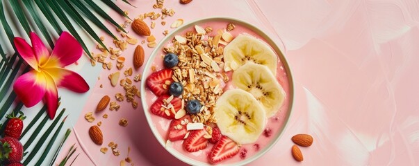 Tropical Pink Smoothie Bowl with Banana, Kiwi, Strawberries, and Granola