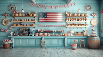 Vibrant 4th of July celebration featuring patriotic decorations and a hyper-realistic illustration of the American flag.