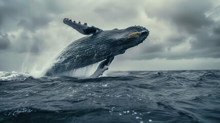 Fototapeta premium humpback whale breaching ocean surface powerful leap and splash wildlife photography