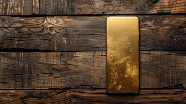 Gold smartphone on rustic wooden background with ample copy space - Powered by Adobe