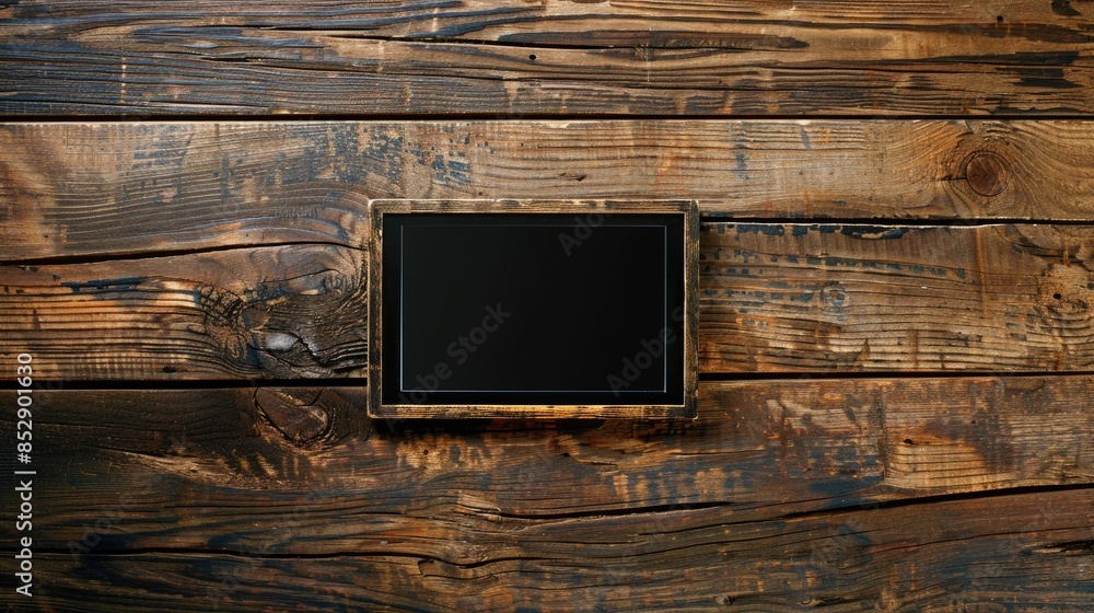 Poster Wooden table with gadget frame and empty space top view