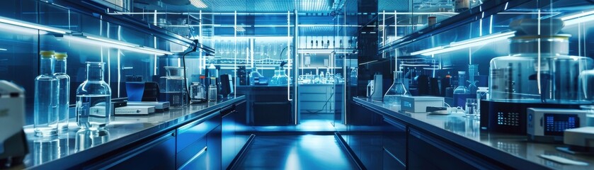 Obraz premium Nextgen battery lab with a focus on energy density testing, scientific innovation theme, side view, highlighting cuttingedge research methods, digital tone, vivid
