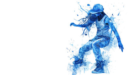 Blue watercolor painting of female break dancer performance balanced action
