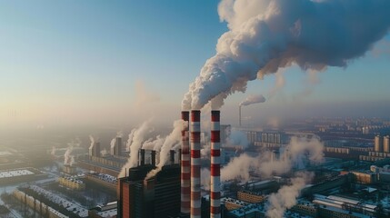 industrial power plant emitting thick co2 smoke from chimney fossil fuel pollution causing global warming