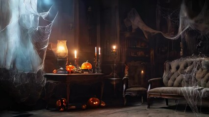 Ornate antique living room with cobwebs and dim lighting. Victorian-style furniture and decor. Concept of vintage interior, haunted house vibes, intricate design, Halloween. Motion - Powered by Adobe