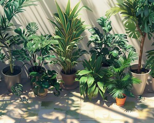 Assortment of potted tropical plants in a sunny setting.