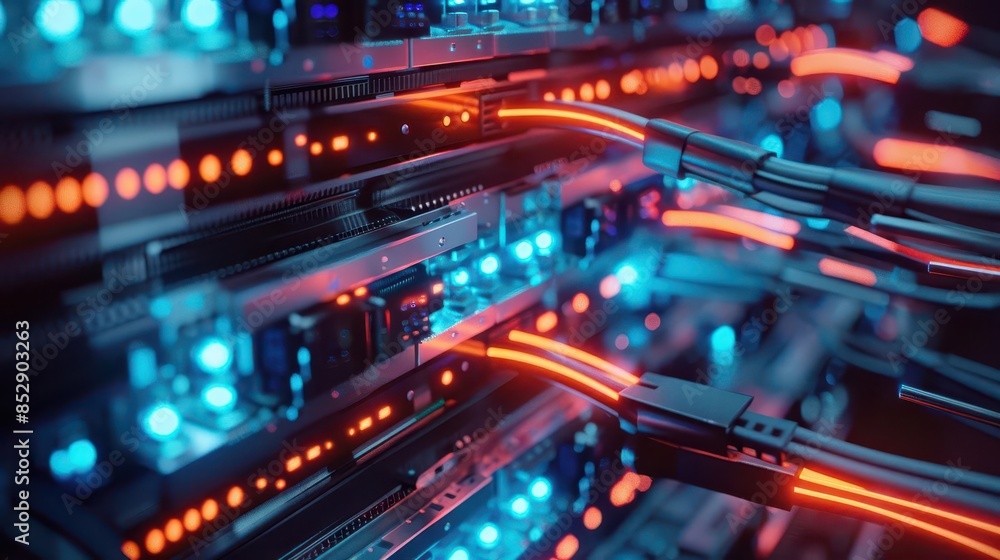 Poster interconnected network of server switches with glowing lan cables futuristic data center concept