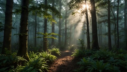 Obraz premium The tranquility of a misty forest, where sunlight filters through the canopy, dappling the forest floor ai_generated