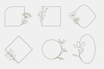 Set of six minimalist frames in different shapes with plant elements.
