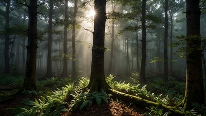 Obraz premium The tranquility of a misty forest, where sunlight filters through the canopy, dappling the forest floor ai_generated