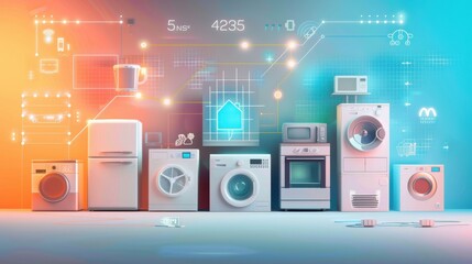 Energysaving infographic comparing different appliances, home efficiency theme, front view, explaining energy consumption, digital tone, colored pastel