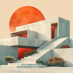 Modernist concrete house with stairs leading to the sun, orange and red colors, set in a desert landscape. detailed 3D render in an ultra-wide angle, minimalistic style with a light beige background
