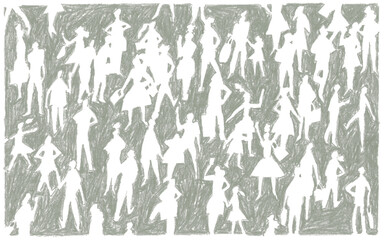 都会の人々のシルエット　手描きのイラスト