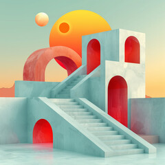 Modernist concrete house with stairs leading to the sun, orange and red colors, set in a desert landscape. detailed 3D render in an ultra-wide angle, minimalistic style with a light beige background