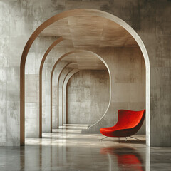 Modern interior with an arched wooden arch in the background, concrete walls and floor, featuring a red armchair placed beneath, light reflections on polished surfaces, showcasing minimalistic design 