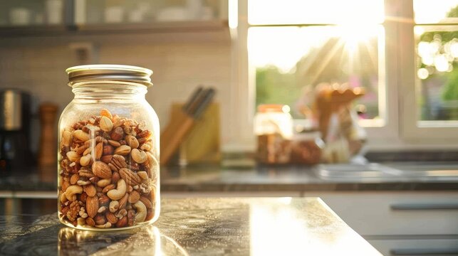 Sunlit Kitchen Counter with Jar of Mixed Nuts