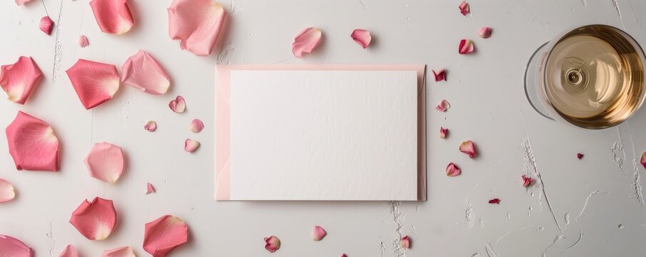 Flat lay image of blank card with pink rose petals and a glass of wine on a white background, perfect for romantic or wedding themes. - Powered by Adobe