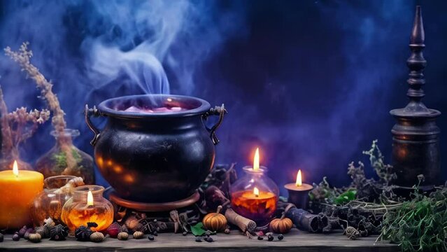 Magical Witch s cauldron with candles and herbs, emitting steam in a dark, mystical setting. Concept of witchcraft, Halloween, potion making, mystical ritual. Motion
