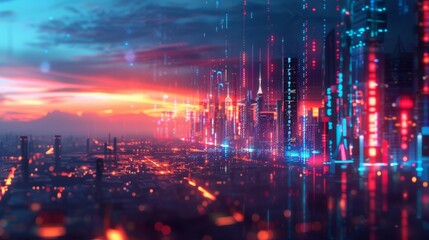 Obraz premium Holographic cityscape with investment statistics overlay, futuristic, digital art, neon glow