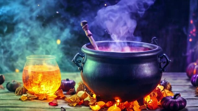 Mystical witch s cauldron with steam rising, surrounded by pumpkins and glowing potions. Concept of witchcraft, Halloween, magic potion, and mystical atmosphere. Motion