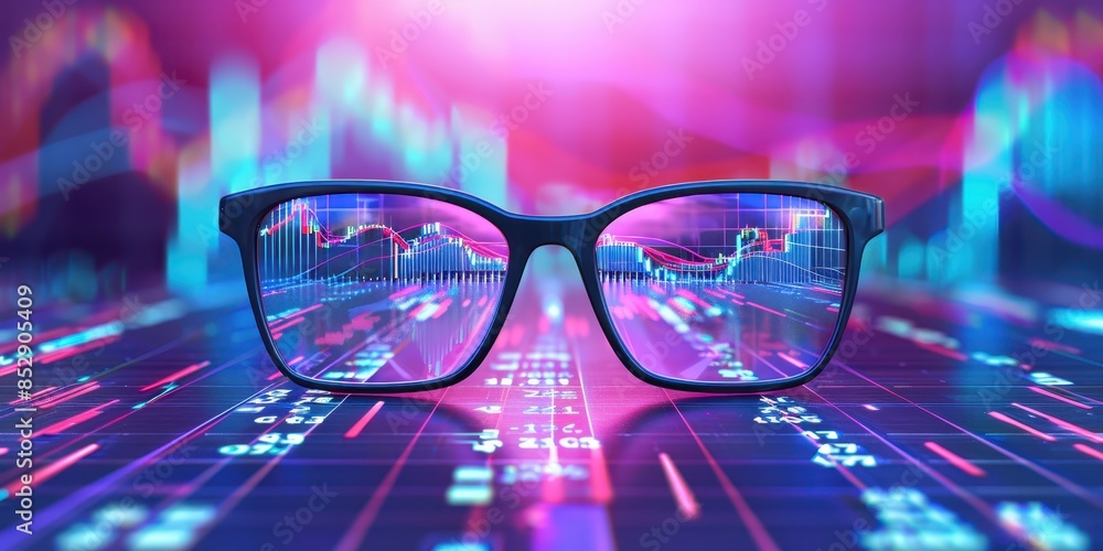 Poster close-up of eyeglasses displaying digital stock market charts with neon lights in the background, re