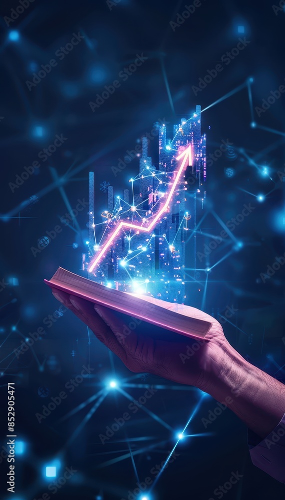 Poster digital business growth concept with glowing arrow graph emerging from tablet in hand, symbolizing s