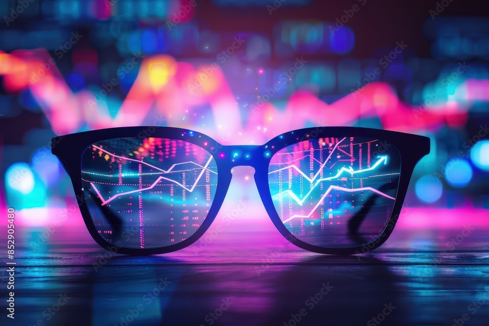 Poster eyeglasses reflecting colorful financial data charts, representing business analytics, stock market 