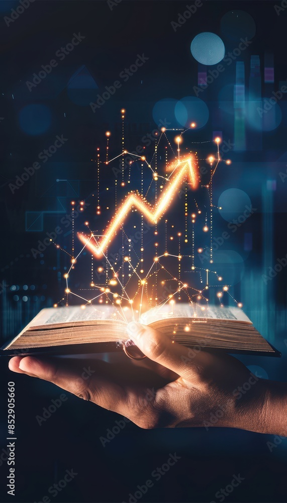 Poster Hand holding an open book with a glowing upward arrow and digital elements symbolizing growth, innovation, and knowledge in a futuristic setting.