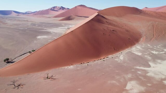 Dune 45 in the Namib Desert seen from above, drone footage, Namibia, Africa . Desert dunes. 4k video