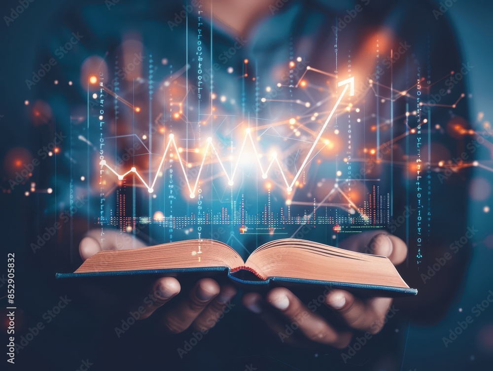 Poster open book with futuristic digital data and neon lights, representing knowledge, technology, and inno