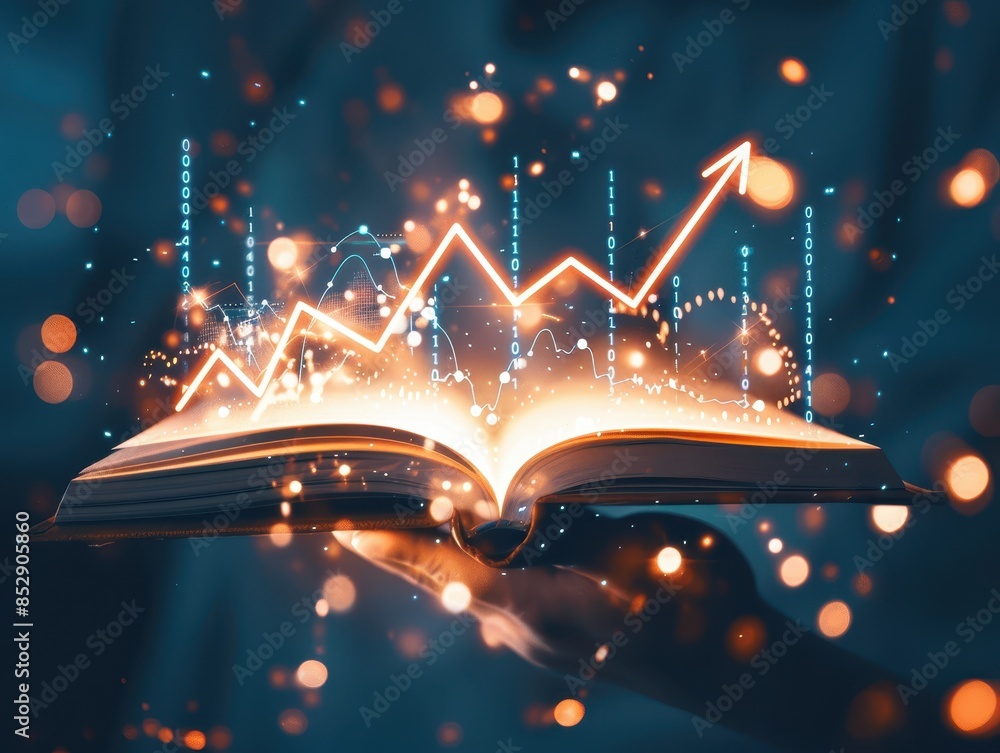 Aufkleber Open book with glowing charts and graphs, symbolizing knowledge and growth in data analysis and business intelligence.