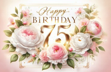 Elegant 75th birthday card with pink and white flowers, celebrating a milestone with sophistication