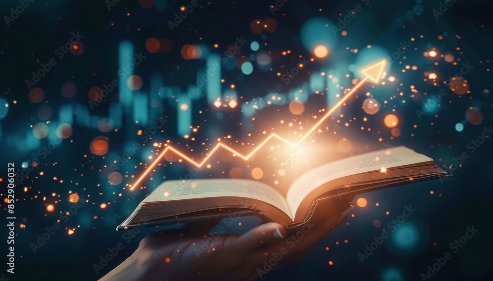 Aufkleber Open book with glowing graph line symbolizing financial growth, knowledge, and data analysis. Background of abstract data charts and bokeh lights.