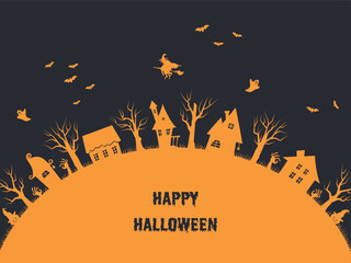 Halloween Vector Illustration. Spooky Village. Orange Silhouettes on Black Background. Halloween Houses, Trees, Witch on broomstick, Ghosts, Bats. Greeting Card Template. Halloween Party Invitation