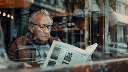Elderly Man Reading Newspaper Cafe Window Reflection
