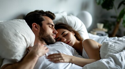 Woman sleeping in bed with a man next to her. They both have their eyes closed and the scene is in white tones