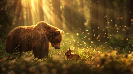 Bear and rabbit meeting face to face in a sunlit forest surrounded by blooming wildflowers showcasing an unlikely friendship