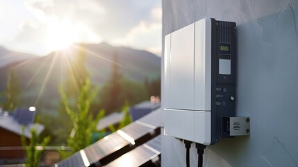 Solar inverter connected to a rooftop solar panel system, renewable energy theme, side view, illustrating efficient energy conversion, advanced tone, complementary color scheme
