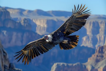 Fototapeta premium A California condor soaring over the Grand Canyon, its massive wingspan and striking black and white plumage visible against the deep blue sky.