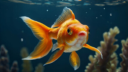 A beautiful cute Goldfish aquatic colours fin gold nautical pet swim tail underwater blackground GENERATE AI,