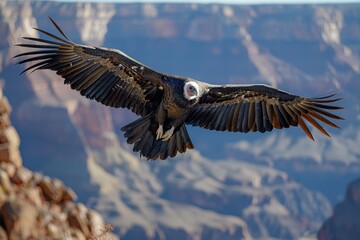 Obraz premium A California condor soaring over the Grand Canyon, its massive wingspan and striking black and white plumage visible against the deep blue sky.